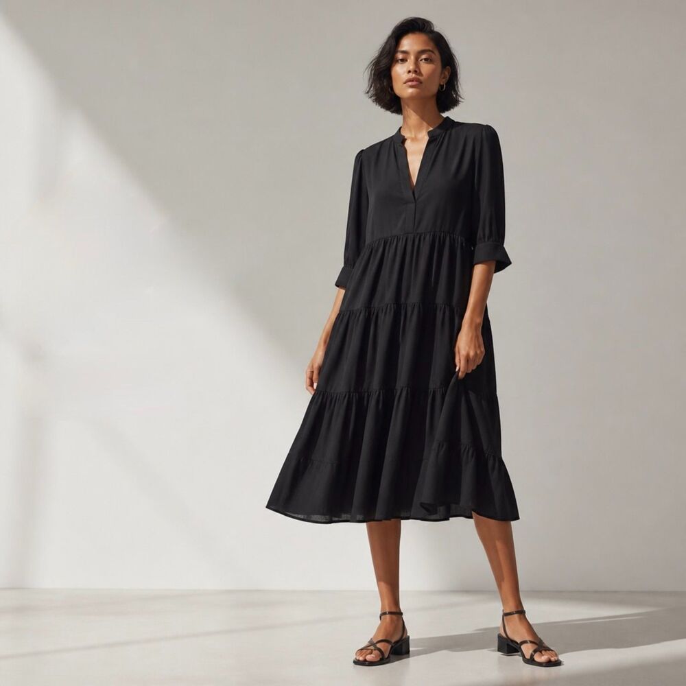 Nouvelle Silk95Five Khaya Tiered 3/4-sleeve Silk Dress | Size M